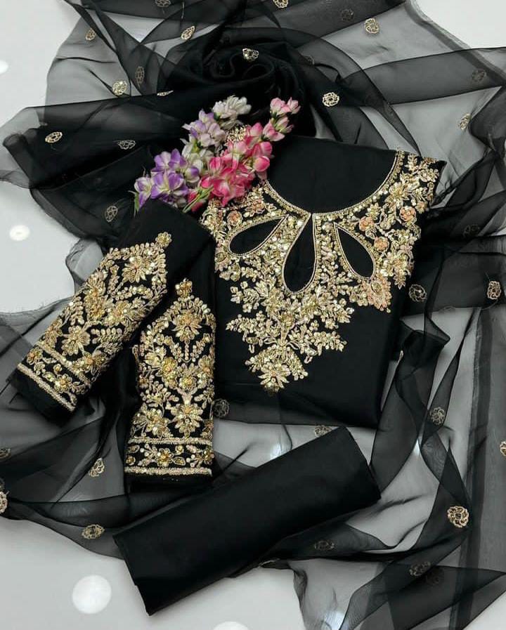 3-Piece Unstitched Fancy Dress – Indian Organza Nagina Work with Boti Dupatta