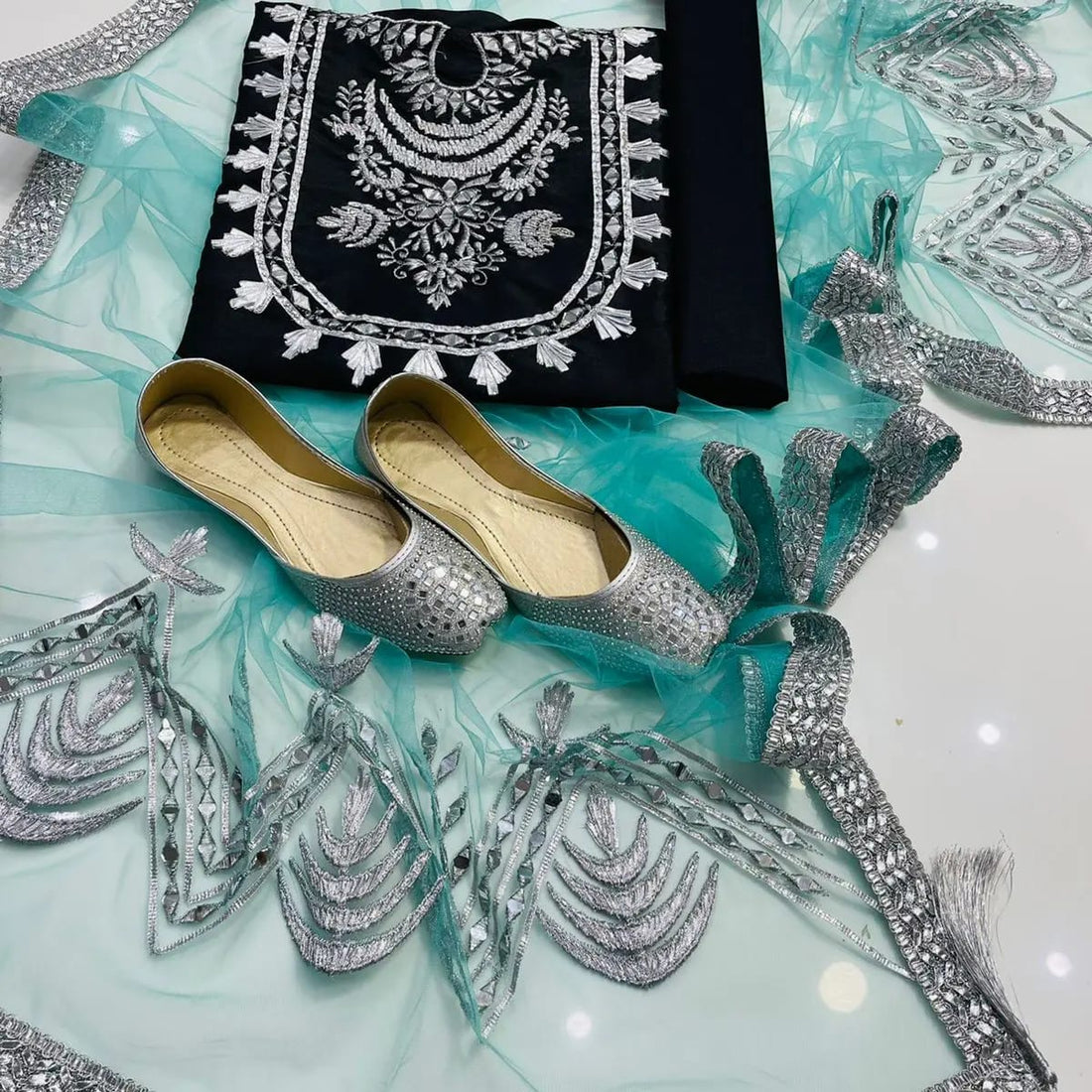 4-Piece Unstitched Kataan Mirror Work Dress – With Net Dupatta & Silver Khussa