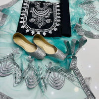 4-Piece Unstitched Kataan Mirror Work Dress – With Net Dupatta & Silver Khussa