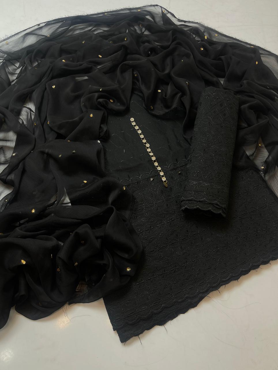 3-Piece Unstitched Black Chickenkari Lawn Suit – With Soft Chiffon Dupatta