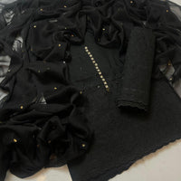 3-Piece Unstitched Black Chickenkari Lawn Suit – With Soft Chiffon Dupatta