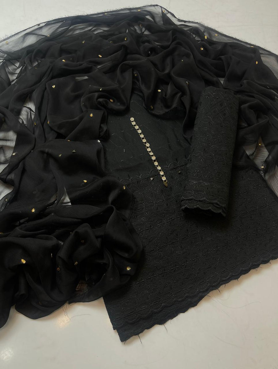 3-Piece Unstitched Black Chickenkari Lawn Suit – With Soft Chiffon Dupatta