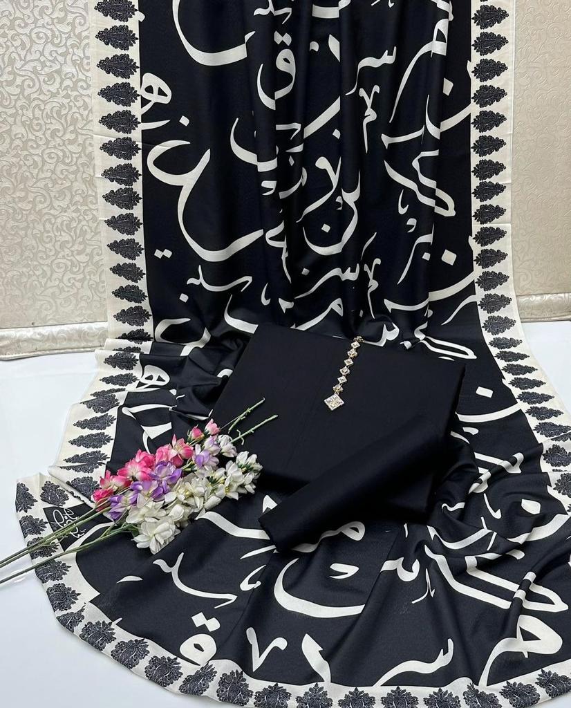 New Collection 2025  Swiss lawn  calligraphy digital print duppta  Kathan silk plain shirt and trouser  3pc suit   With Neckline