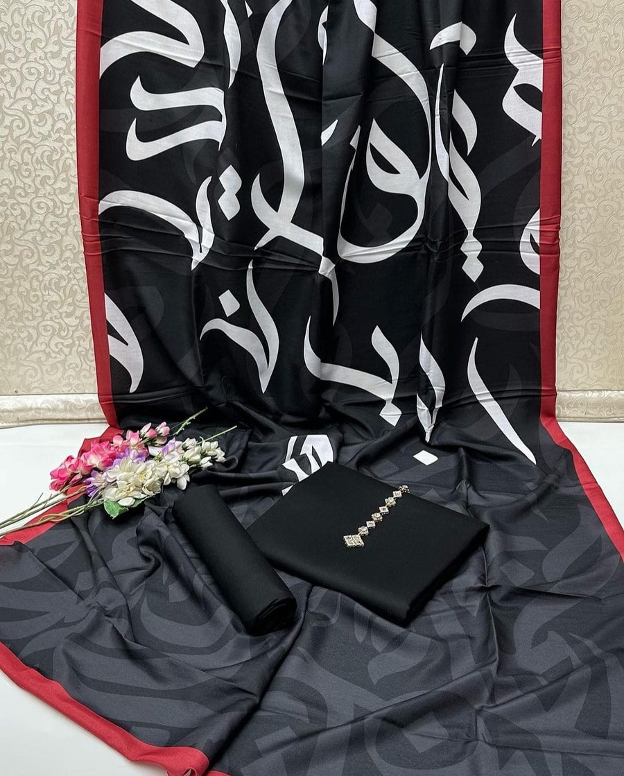 New Collection 2025  Swiss lawn  calligraphy digital print duppta  Kathan silk plain shirt and trouser  3pc suit   With Neckline