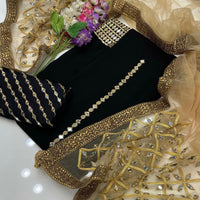 3-Piece Unstitched Wedding Dress – Chiffon Mirror Work Shirt, Kataan Trouser & Net Dupatta
