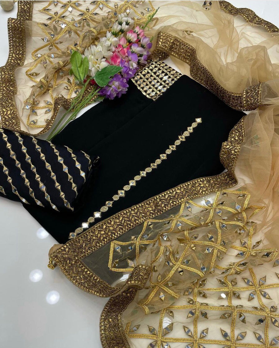 3-Piece Unstitched Wedding Dress – Chiffon Mirror Work Shirt, Kataan Trouser & Net Dupatta