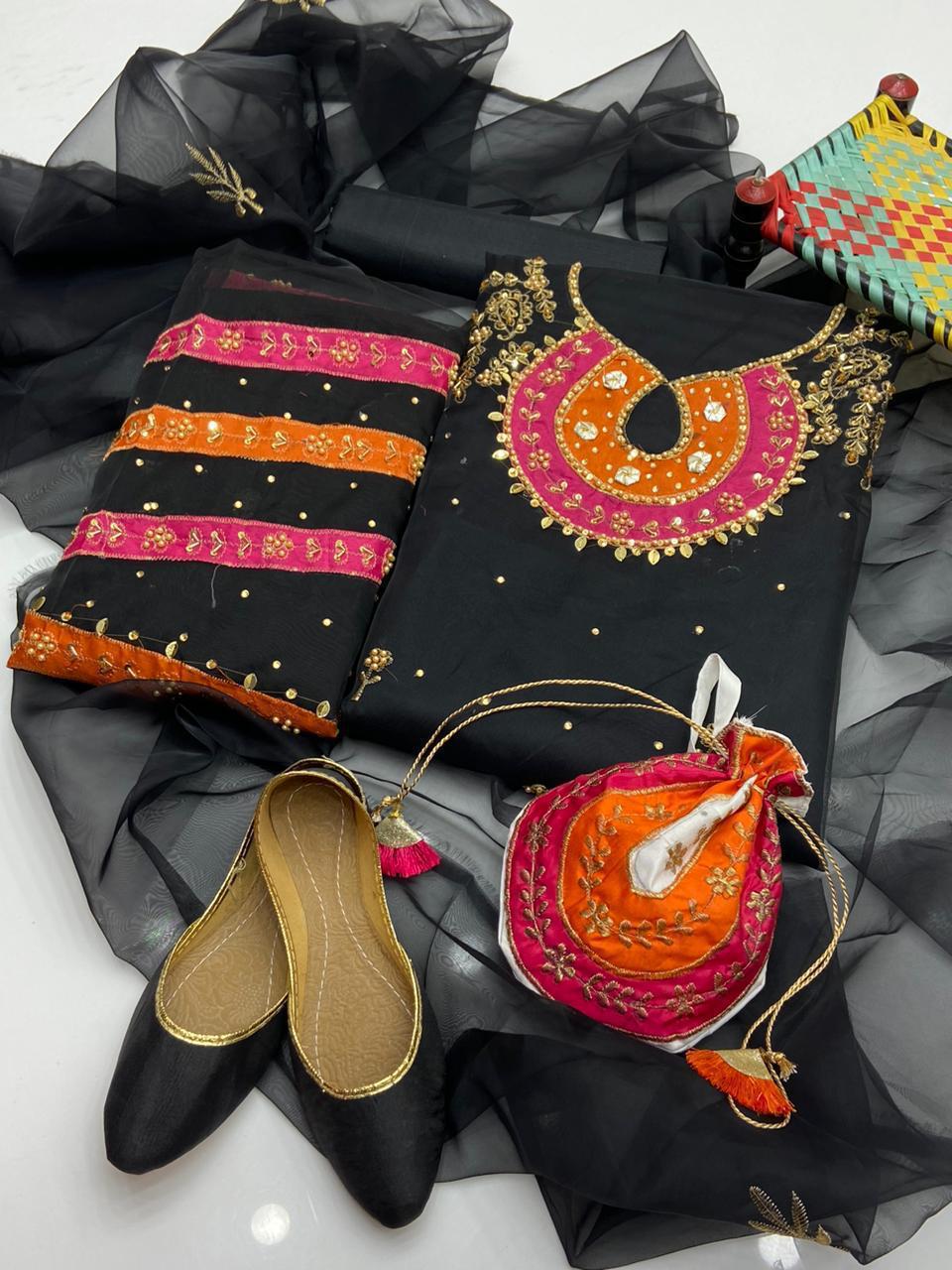 5-Piece Unstitched Organza Dress – Tilla Aari Embroidery with Khussa & Bag