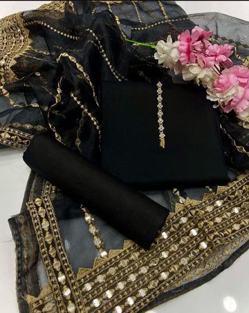 3-Piece Unstitched Kataan Silk Suit – Tissue Organza Embroidered Dupatta & Neckline