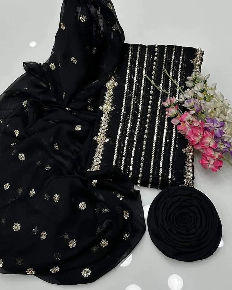 3-Piece Unstitched Fancy Suit – Chiffon Pearl Work with Silk Trouser