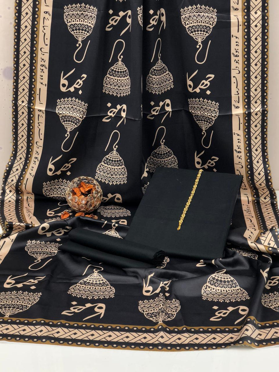 New Collection 2025  Swiss lawn  calligraphy digital print duppta  Kathan silk plain shirt and trouser  3pc suit   With Neckline