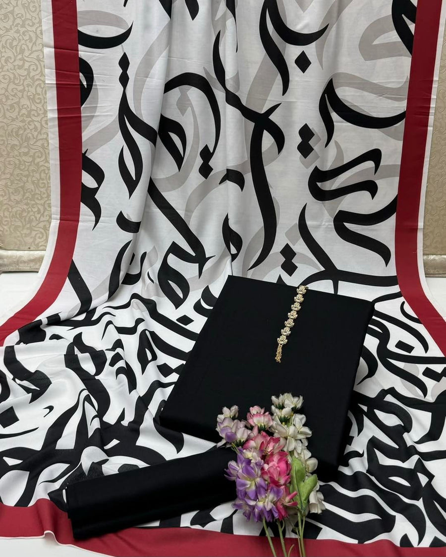 New Collection 2025  Swiss lawn  calligraphy digital print duppta  Kathan silk plain shirt and trouser  3pc suit   With Neckline