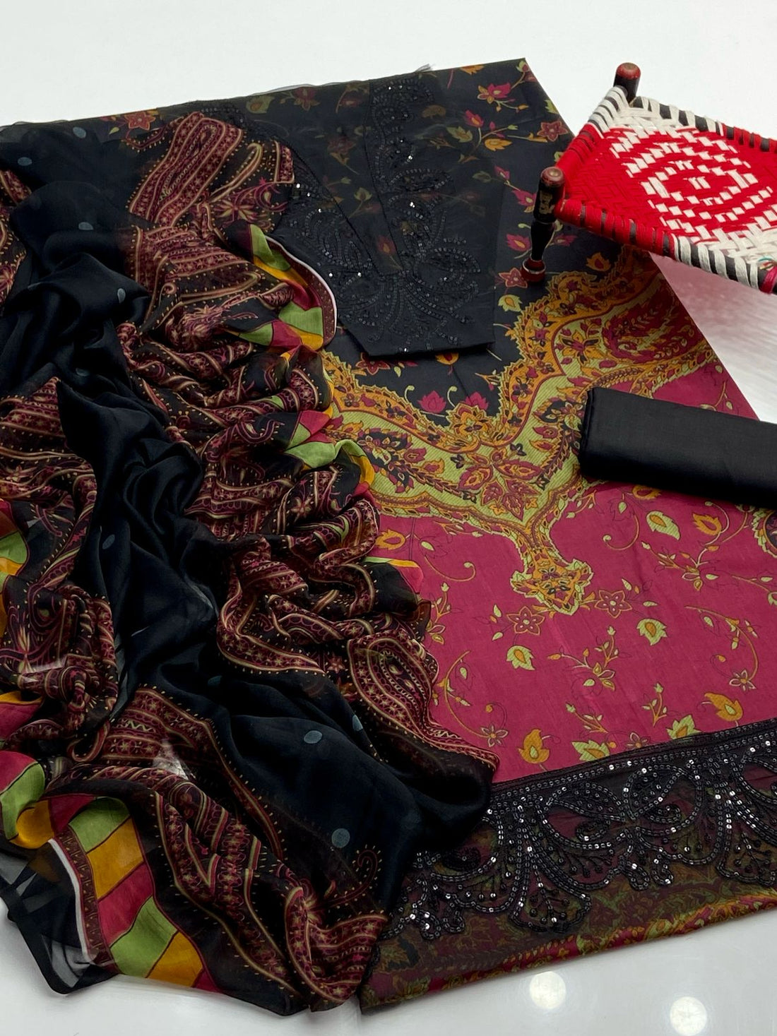 3-Piece Unstitched Lawn Suit – Printed Shirt with Embroidered Patches & Chiffon Dupatta