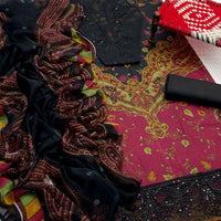 3-Piece Unstitched Lawn Suit – Printed Shirt with Embroidered Patches & Chiffon Dupatta