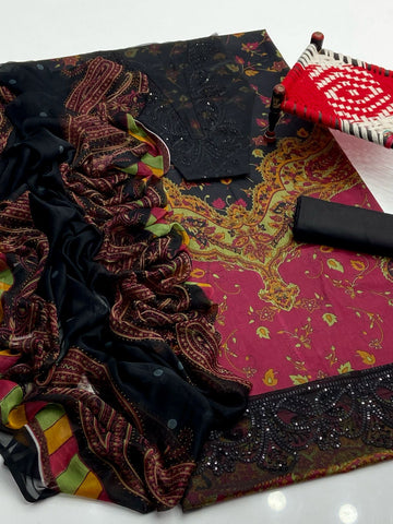 3-Piece Unstitched Lawn Suit – Printed Shirt with Embroidered Patches & Chiffon Dupatta