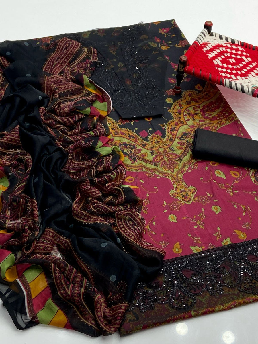 3-Piece Unstitched Lawn Suit – Printed Shirt with Embroidered Patches & Chiffon Dupatta