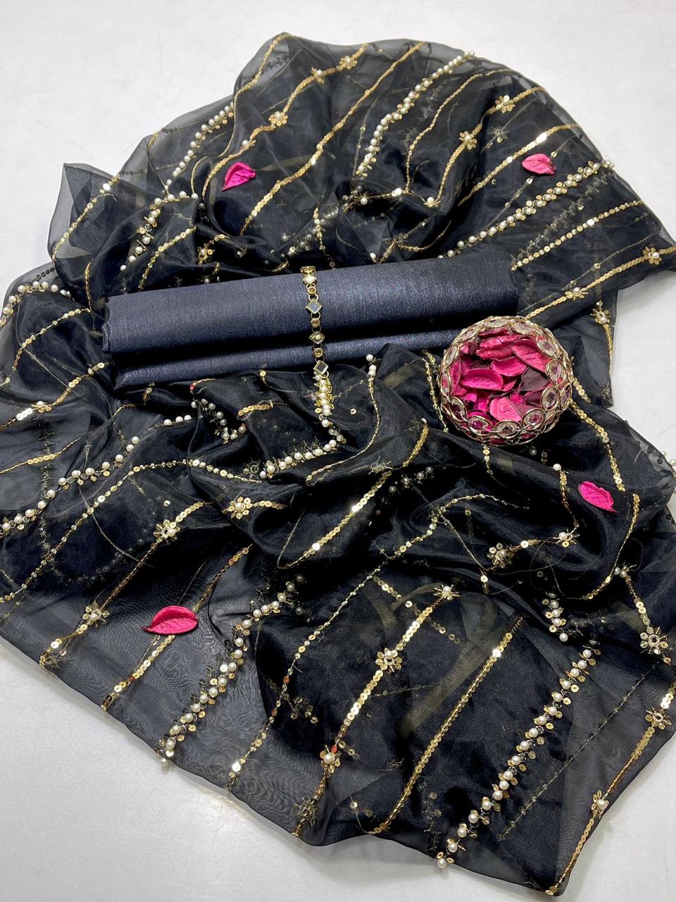3-Piece Unstitched Suit – Kataan Silk Shirt & Shalwar with Sequin Embroidered Tissue Organza Dupatta