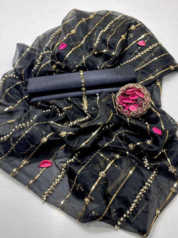 3-Piece Unstitched Suit – Kataan Silk Shirt & Shalwar with Sequin Embroidered Tissue Organza Dupatta