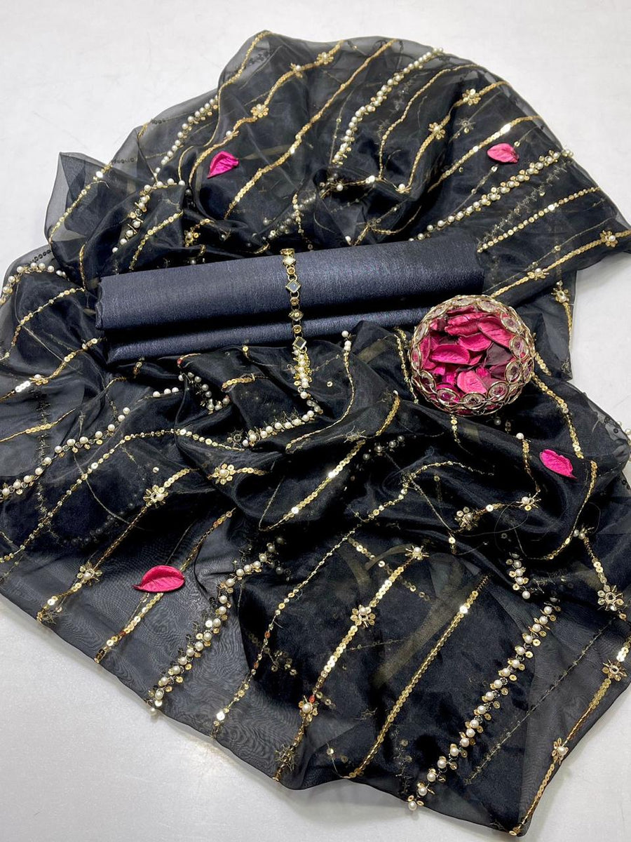 3-Piece Unstitched Suit – Kataan Silk Shirt & Shalwar with Sequin Embroidered Tissue Organza Dupatta