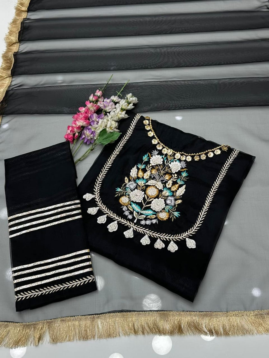 3-Piece Unstitched Organza Molty Work Dress – With Kataan Trouser & Dupatta