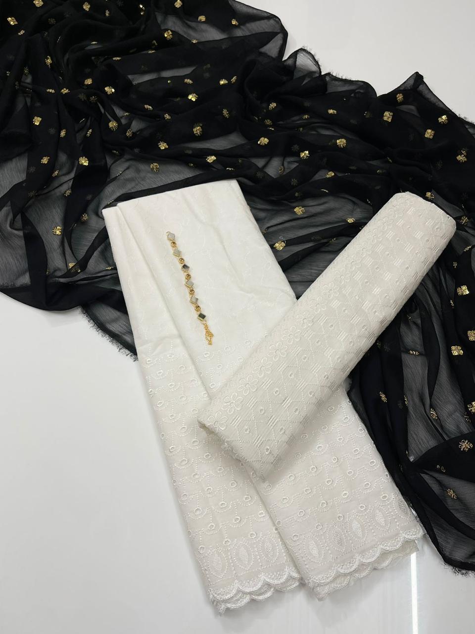 3-Piece Unstitched Summer Lawn Dress – Chikan Kari Shirt & Trouser with Sequin Chiffon Dupatta