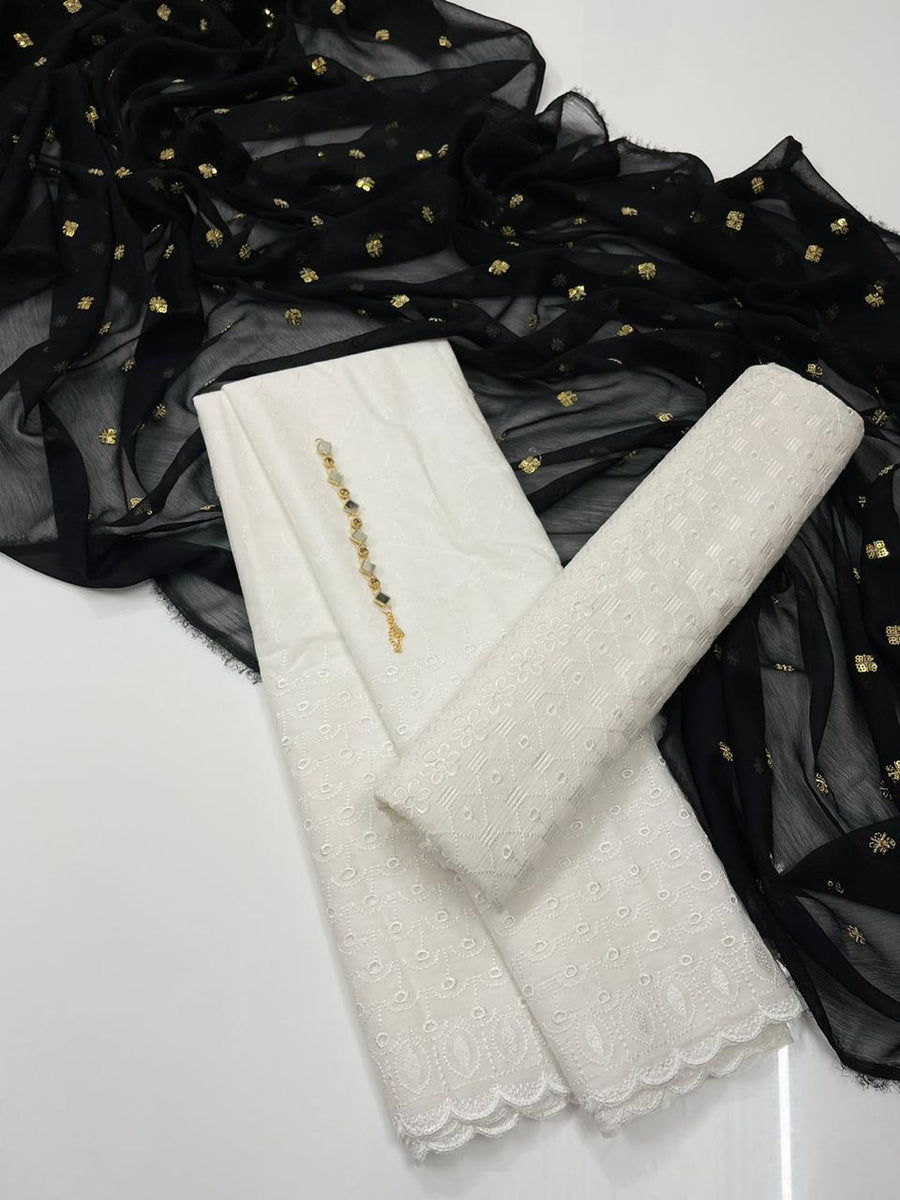 3-Piece Unstitched Summer Lawn Dress – Chikan Kari Shirt & Trouser with Sequin Chiffon Dupatta