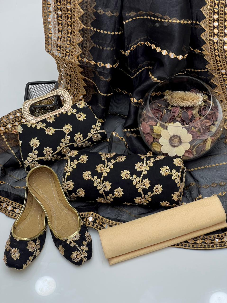 5-Piece Unstitched Wedding Dress – Georgette Shirt, Masoori Trouser, Organza Dupatta with Khussa & Clutch
