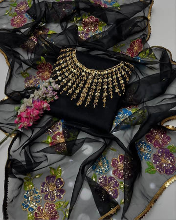 2-Piece Unstitched Organza Dress – Handwork Stones, Beads & Oil Paint Dupatta
