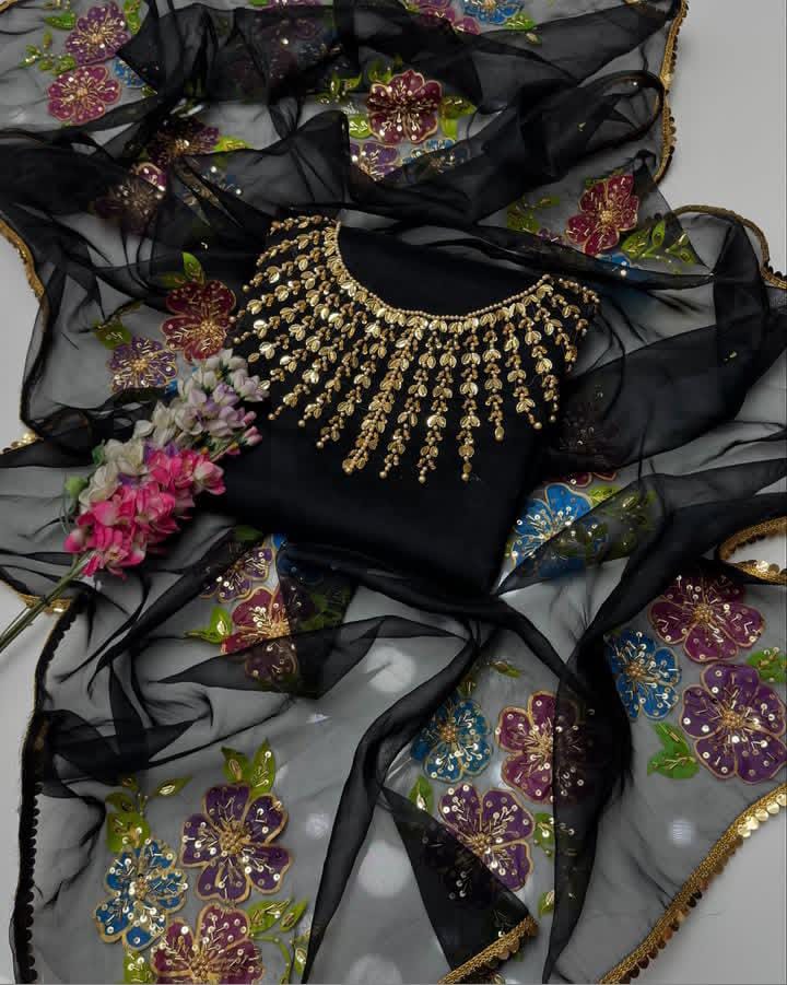 2-Piece Unstitched Organza Dress – Handwork Stones, Beads & Oil Paint Dupatta