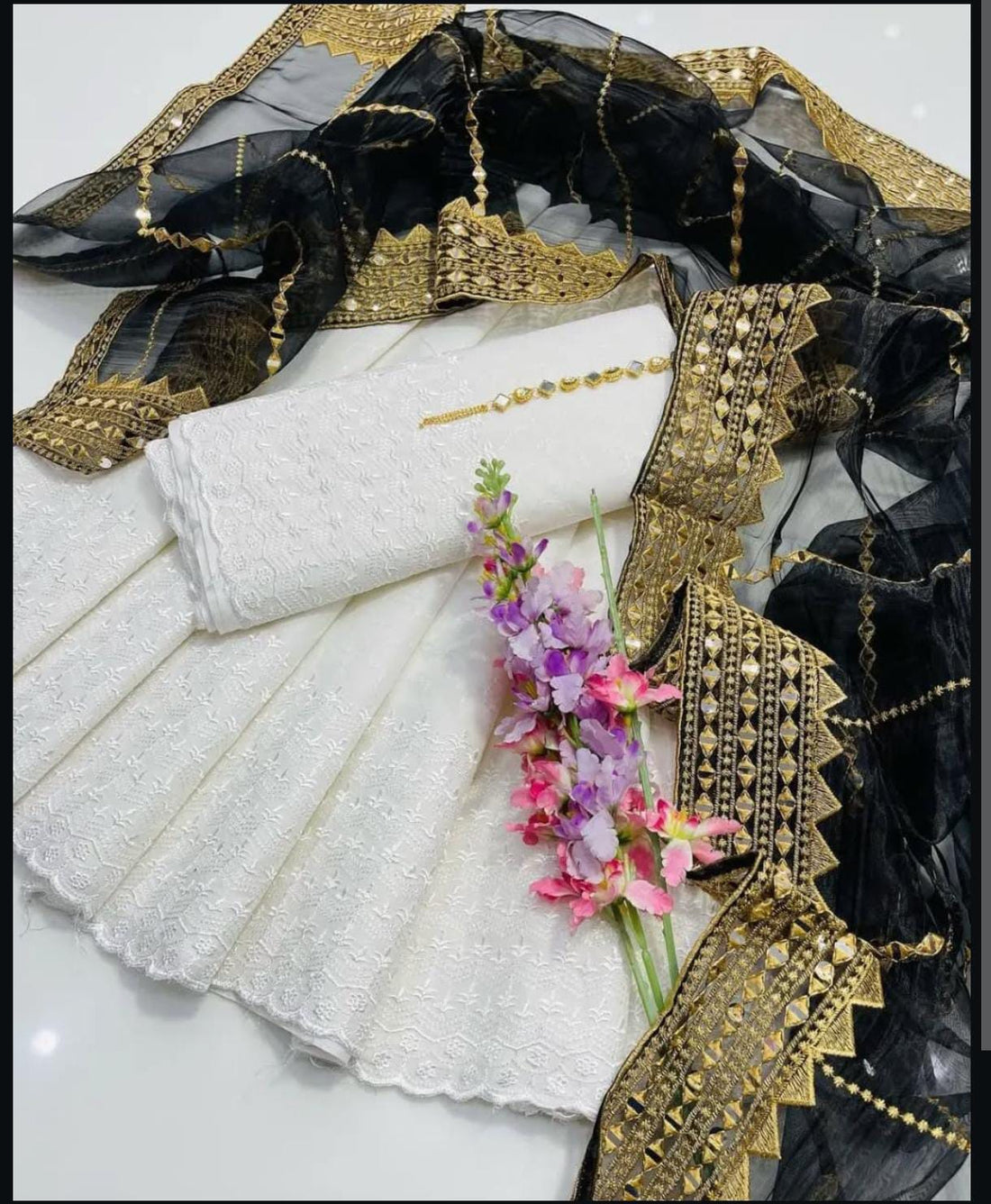 3-Piece Unstitched Summer Fancy Dress – White Chickenkari with Organza Foil Dupatta & Mirror Neckline