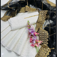 3-Piece Unstitched Summer Fancy Dress – White Chickenkari with Organza Foil Dupatta & Mirror Neckline