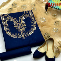 4-Piece Unstitched Fancy Dress – Kataan Mirror Work Suit with Net Dupatta & Khussa