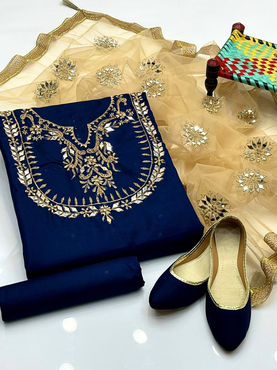 4-Piece Unstitched Fancy Dress – Kataan Mirror Work Suit with Net Dupatta & Khussa