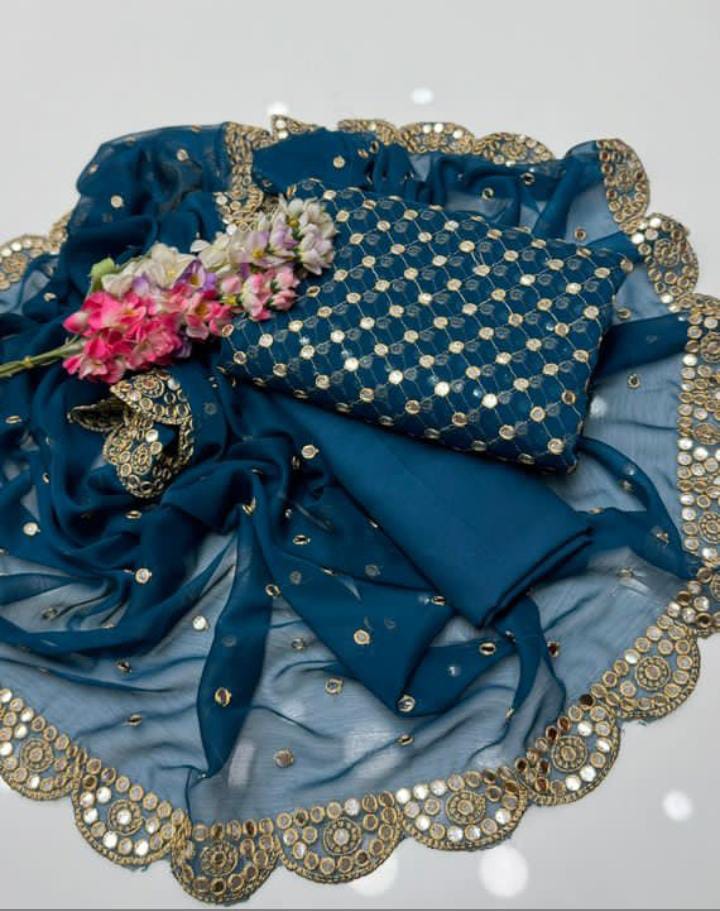 3-Piece Unstitched Fancy Chiffon Dress – Sheesha Zaari Embroidery with Border Dupatta
