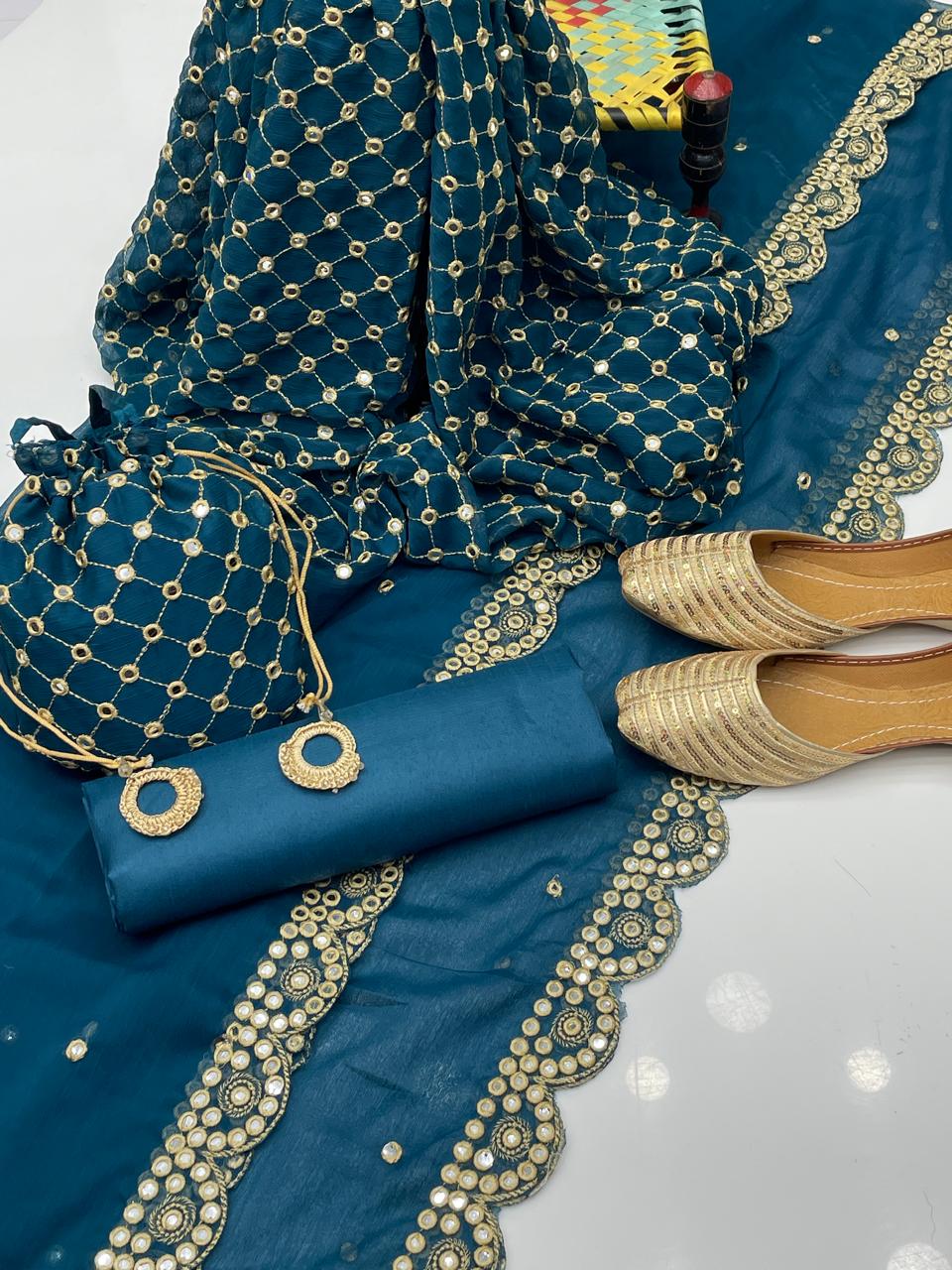 5-Piece Unstitched Fancy Chiffon Suit – Sheesha Zaari Work with Khussa & Potli Bag