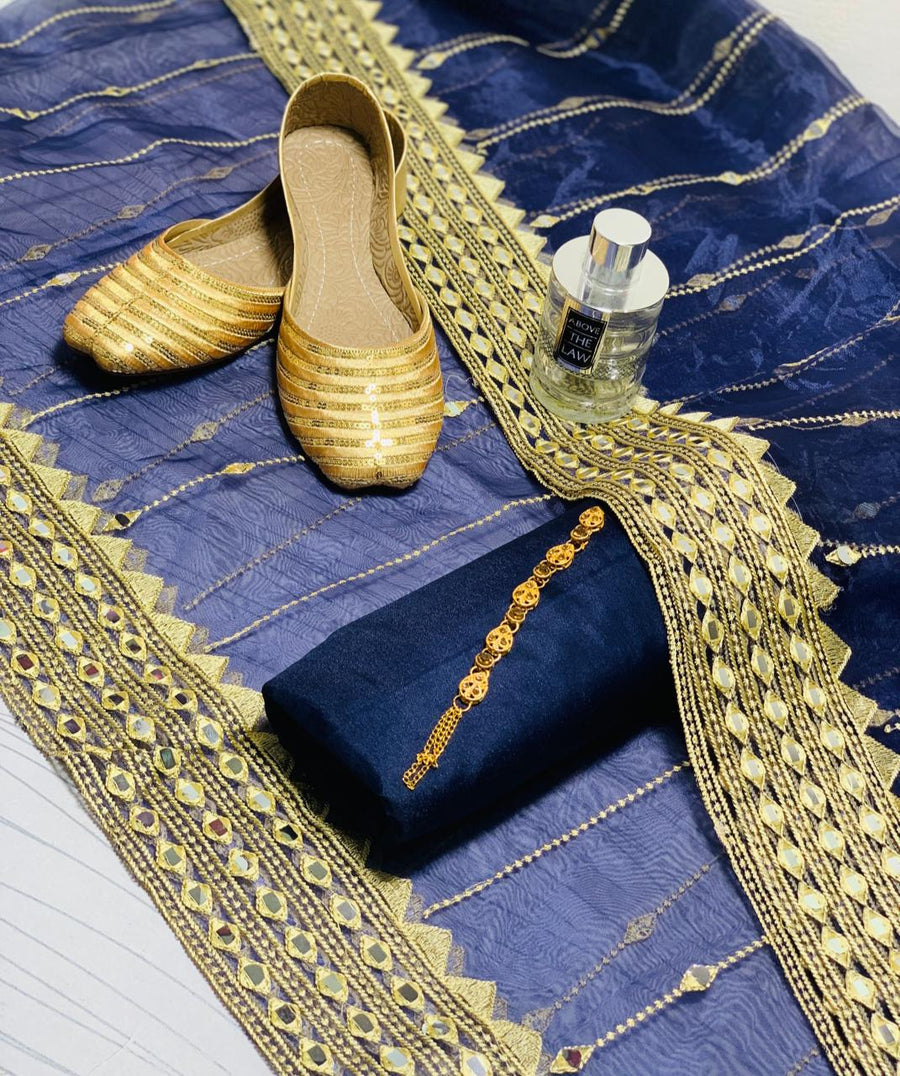 4-Piece Unstitched Kataan Silk Suit – With Organza Fancy Dupatta & Khussa