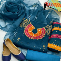 4-Piece Unstitched Organza Dress – Aari Zari Work with Patch Bazo, Dupatta & Khussa