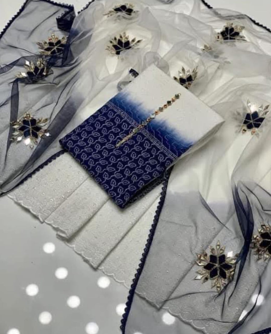 3-Piece Unstitched Die & Die Chikankari Suit – Indian Net Dupatta with Lace & Neckline