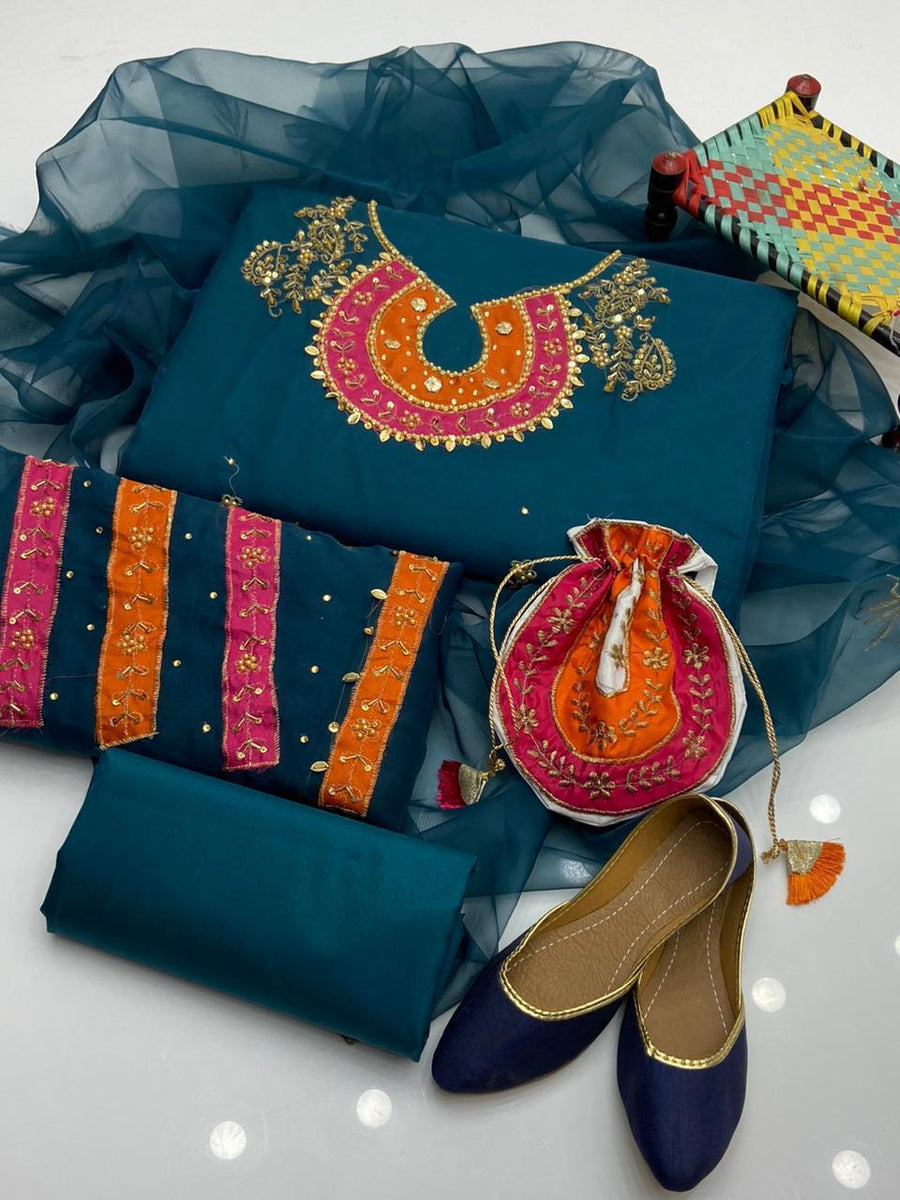 5-Piece Unstitched Organza Dress – Tilla Aari Embroidery with Khussa & Bag