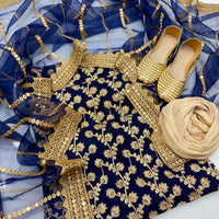 4-Piece Fancy Unstitched Dress for Girls – Chiffon Shirt, Masoori Trouser, Organza Dupatta & Khussa