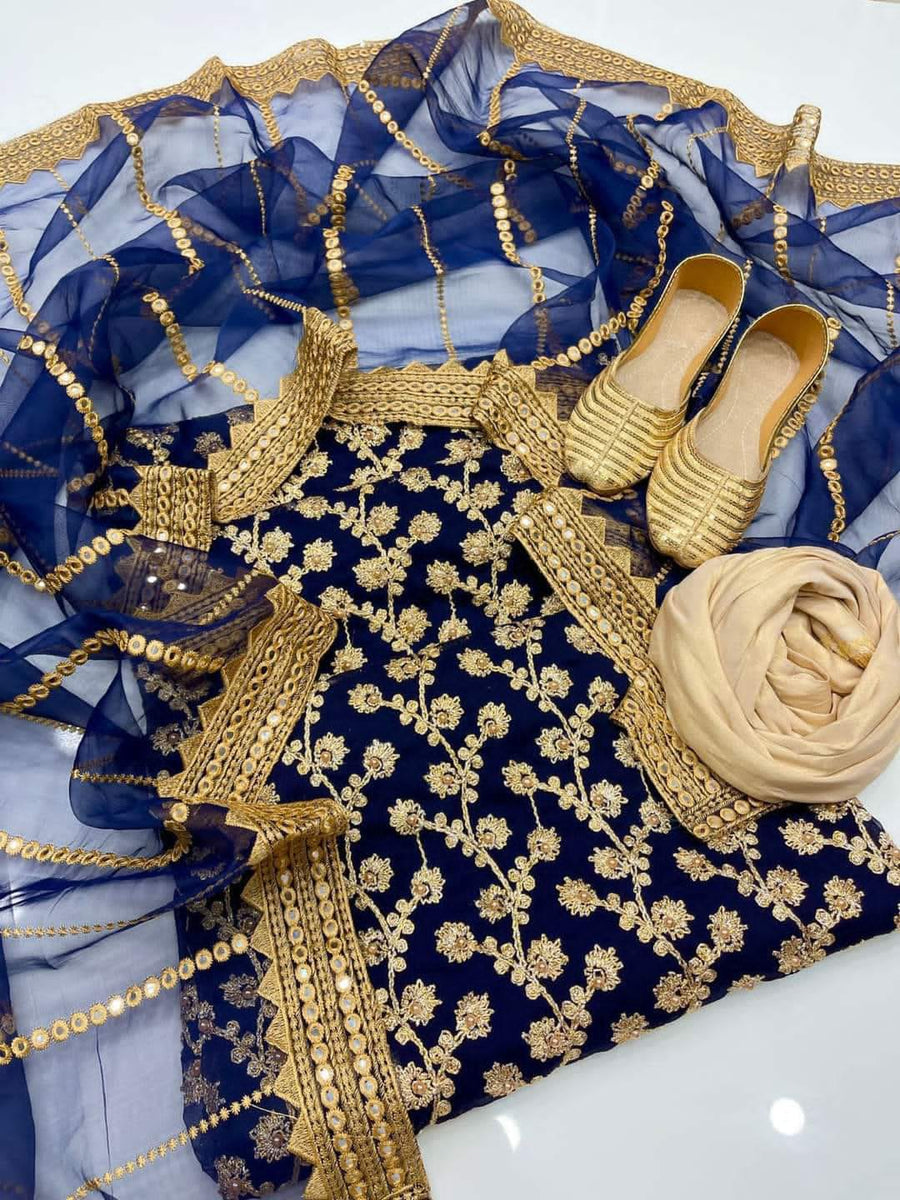 4-Piece Fancy Unstitched Dress for Girls – Chiffon Shirt, Masoori Trouser, Organza Dupatta & Khussa