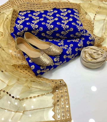 4-Piece Unstitched Wedding Suit – Chiffon Embroidered Shirt with Khussa