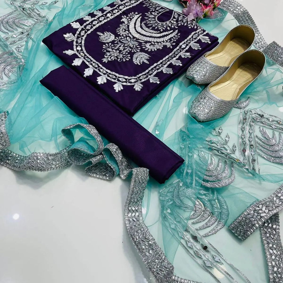 4-Piece Unstitched Kataan Mirror Work Dress – With Net Dupatta & Silver Khussa