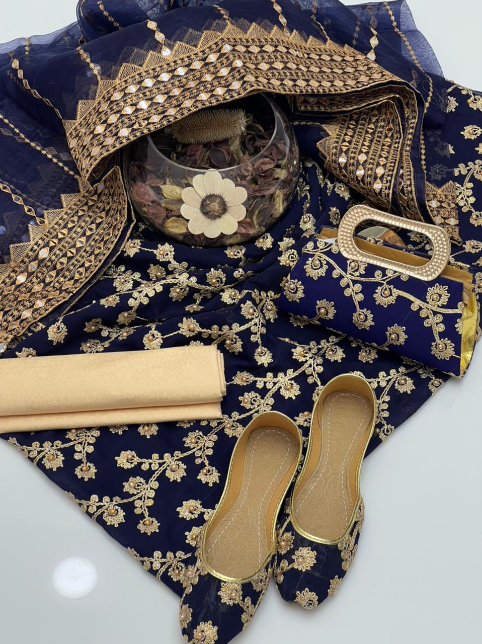 5-Piece Unstitched Wedding Dress – Georgette Shirt, Masoori Trouser, Organza Dupatta with Khussa & Clutch