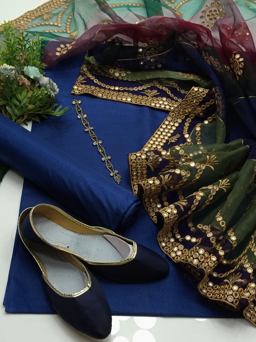 4-Piece Unstitched Multi Organza Dress – 9MM Foil Embroidered Dupatta with Kataan Silk Suit