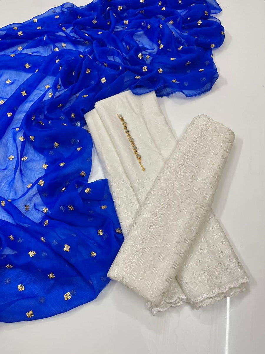 3-Piece Unstitched Summer Lawn Dress – Chikan Kari Shirt & Trouser with Sequin Chiffon Dupatta