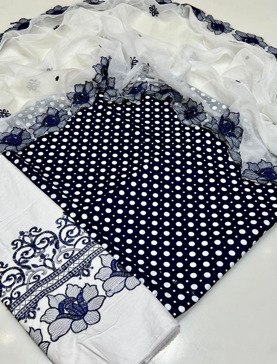 3-Piece GTM Lawn Embroidered Suit – Polka Style Shirt, Chiffon Dupatta & Lawn Trouser (2025 Collection)
