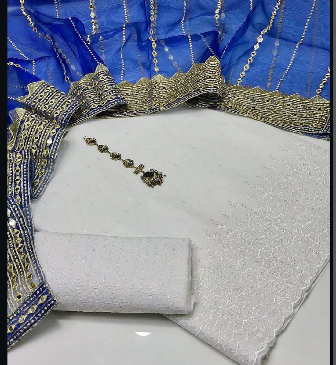 3-Piece Unstitched Summer Fancy Dress – White Chickenkari with Organza Foil Dupatta & Mirror Neckline