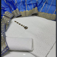 3-Piece Unstitched Summer Fancy Dress – White Chickenkari with Organza Foil Dupatta & Mirror Neckline