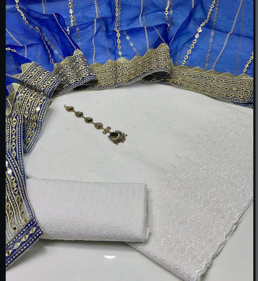 3-Piece Unstitched Summer Fancy Dress – White Chickenkari with Organza Foil Dupatta & Mirror Neckline
