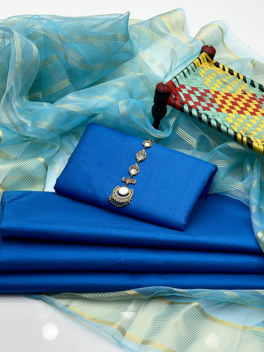 3-Piece Unstitched Fancy Suit – Kataan Silk with Organza Dupatta & Neckline
